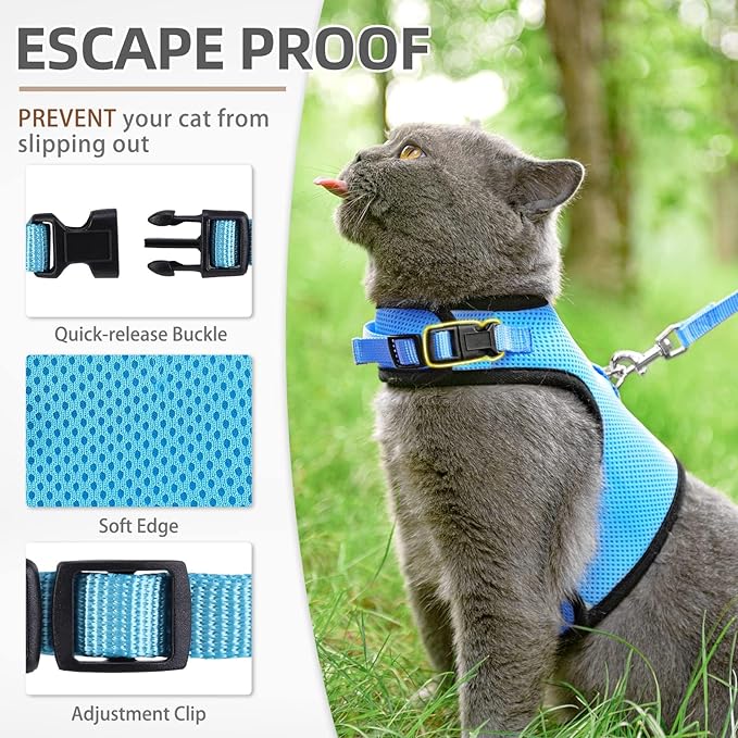 PUPTECK Soft Mesh Cat Vest Harness and Leash Set Puppy Padded Pet Harnesses Escape Proof for Cats Small Dogs, Blue Medium