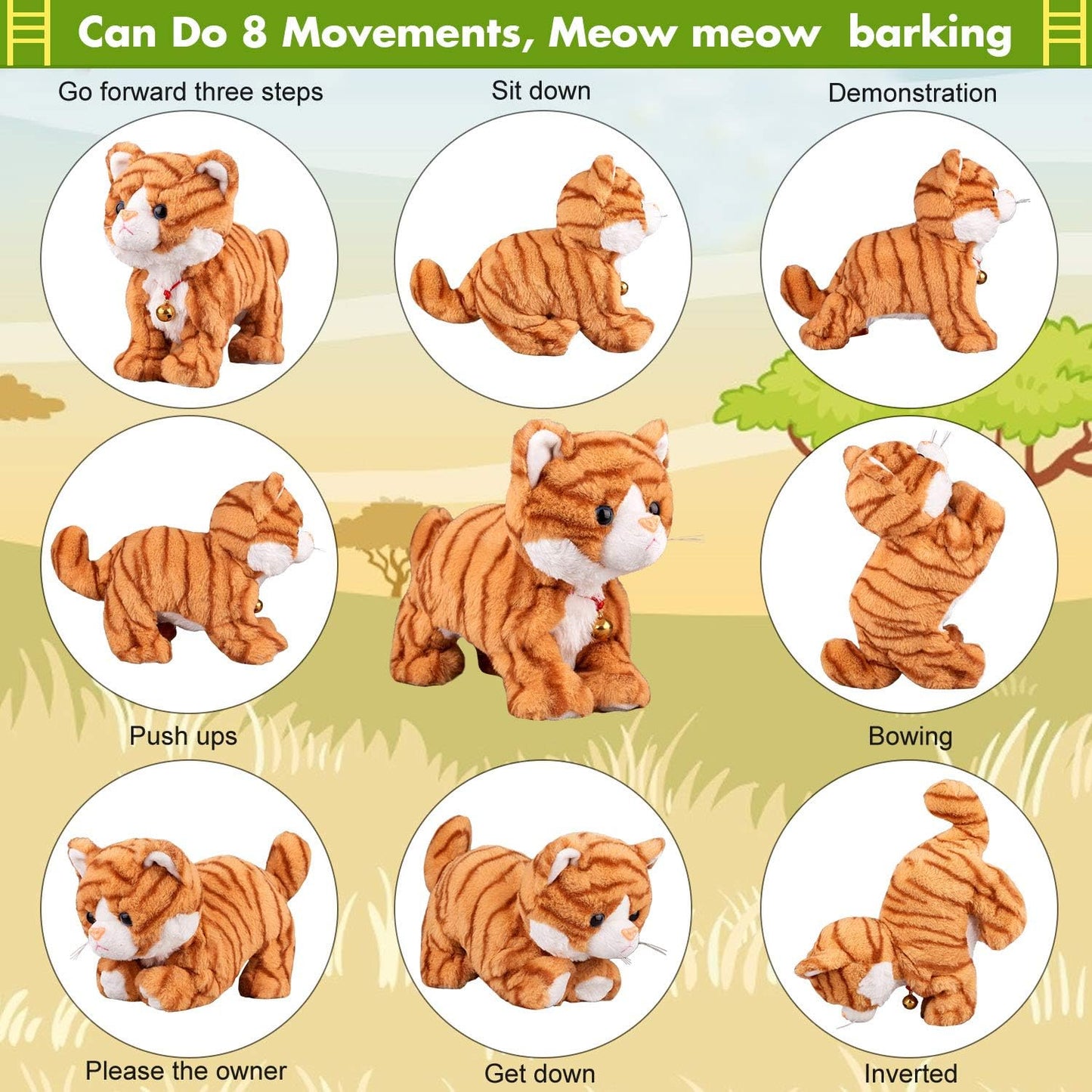 Pattern Yellow Plush Cat Stuffed Animal Interactive Cat Robot Toy, Barking Meow Kitten Touch Control, Electronic Pet Kitty Toy, Animated Toy Cat for Girl Baby L:12" * H:8" * W:5"