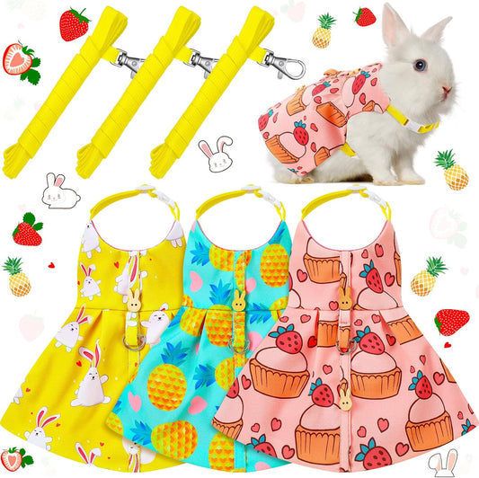 3 Sets Rabbit Bunny Harness and Leash, Cute Easter Bunny Clothes for Rabbits Dress Costume Walking Harness Escape Proof Pet Supply for Hedgehog Ferret Squirrel (Cake, Animal, Pineapple)