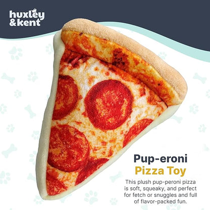 Huxley & Kent Funny Dog Toy w/Squeaker – Power Plush Squeaky Dog Toys for Small, Medium & Large Dogs – Soft Stuffed Animal for Indoor Play & Fetch - Pup-eroni Pizza, Small