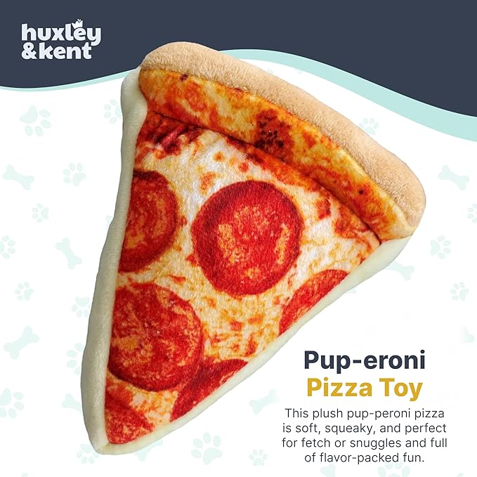 Huxley & Kent Funny Dog Toy w/Squeaker – Power Plush Squeaky Dog Toys for Small, Medium & Large Dogs – Soft Stuffed Animal for Indoor Play & Fetch - Pup-eroni Pizza, Large