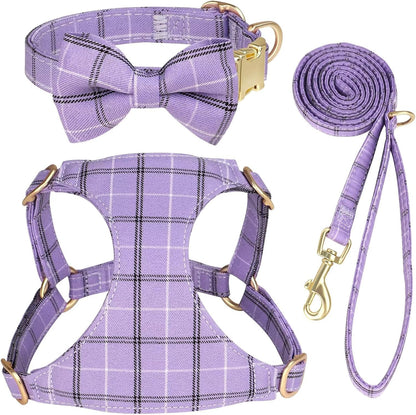 Beirui Cute Extra Small Dog Harness Collar and Leash Set with Bowtie, Soft Adjustable Plaid Puppy Harness for Small Sized Dogs Cats Walks Parties and Photoshoots(Purple,XXS:Chest 12-14")