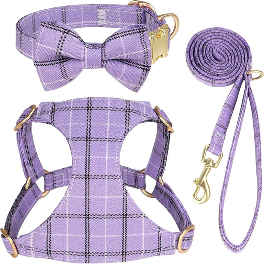 Beirui Cute Extra Small Dog Harness Collar and Leash Set with Bowtie, Soft Adjustable Plaid Puppy Harness for Small Sized Dogs Cats Walks Parties and Photoshoots(Purple,XXS:Chest 12-14")