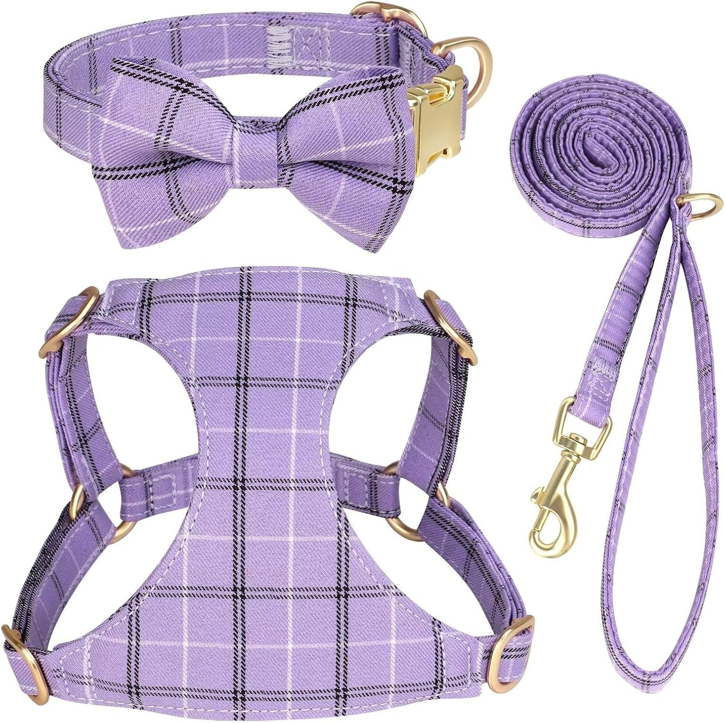 Beirui Cute Extra Small Dog Harness Collar and Leash Set with Bowtie, Soft Adjustable Plaid Puppy Harness for Small Sized Dogs Cats Walks Parties and Photoshoots(Purple,XS:Chest 13-18")