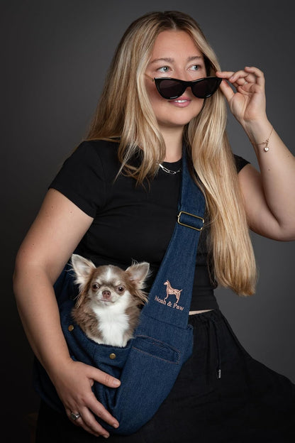 Noah & Paw Dog Sling Carrier for Small Dogs 3-10lb, Dog Sling for Small Dogs and Cats, Dog Carrier with Adjustable Padded Strap, Premium Denim, Lined with Fur, Double Safety Feature, Machine Washable