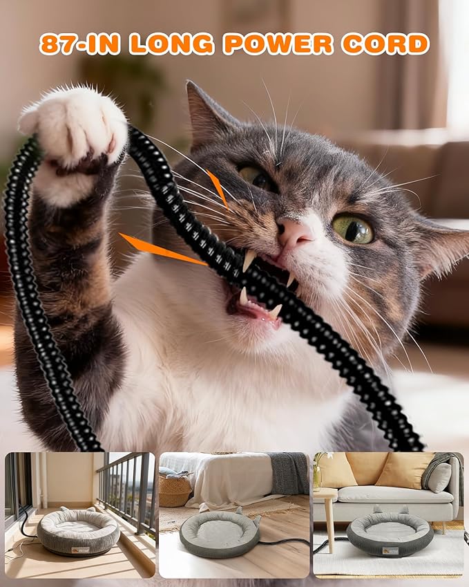 Heated Cat Bed for Indoor Pets – Constant Temperature 100.4-107.6℉ Donut Cat Heating Pad with Chew Resistant 87 Inch Cord, Washable Cover, Cozy Round Pet Bed for Small Cats Kittens Dogs