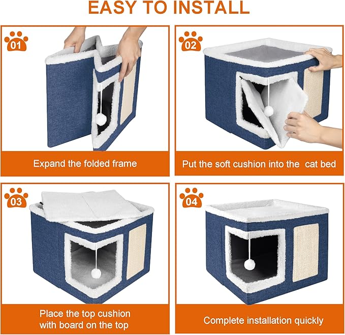 Cat Houses for Indoor Cats - Large Cat Bed Cave with Scratch Pad and Fluffy Ball, Foldable Cat Condo Hideaway with Reversible Cushion for Multi Small Pet, Navy Blue