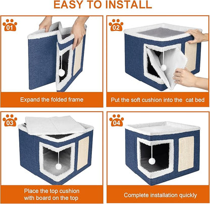 Cat Houses for Indoor Cats - Large Cat Bed Cave with Scratch Pad and Fluffy Ball, Foldable Cat Condo Hideaway with Reversible Cushion for Multi Small Pet, Navy Blue