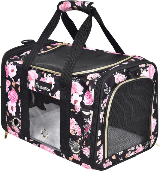 Petmolico Cat Carrier Soft-Sided Pet Bag for Small Medium Cats Puppies 16LBs - Airline Approved Cat Travel Carrier 3 Open Doors (Large,Pink Peony)
