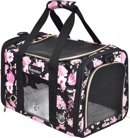 Petmolico Cat Carrier Soft-Sided Pet Bag for Small Medium Cats Puppies 16LBs - Airline Approved Pet Travel Carrier 3 Open Doors (Medium,Pink Peony)