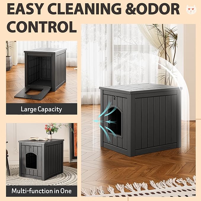 Outdoor Cat House Weatherproof, Feral Clawsable Cat Houses for Outdoor Indoor Cats Shelter, Insulated for Winter Outside, Durable Resin Material for Garden, Patio, Easy to Assemble, Black