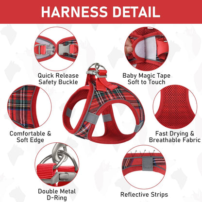 GAMUDA Small Dog Harness Collar and Leash Set, Step in No Chock No Pull Soft Mesh Adjustable Dog Vest Harnesses Plaid Reflective for Dogs Puppy Cats Kitten Rabbit (Red, M)