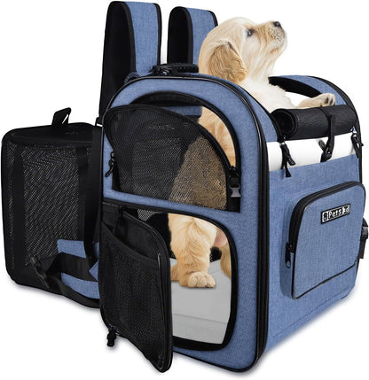 Petskd Expandable Pet Backpack Carrier 16.5x14.5x11 Inches for Small Dogs and Medium Cats,Portable Dog Cat Backpack Carrier for Hiking,Vet,Travel(Blue)