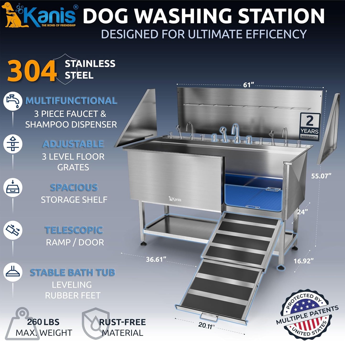KANIS Professional Dog Washing Station - 304 Stainless Steel Pet Wash Sink & Grooming Bathtub w/Shower, Floor Grates and Storage for Large, Medium & Small Pets (61", Shelf - Right Ramp)