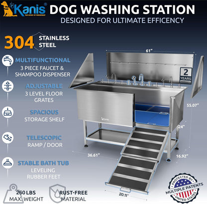 KANIS Professional Dog Washing Station - 304 Stainless Steel Pet Wash Sink & Grooming Bathtub w/Shower, Floor Grates and Storage for Large, Medium & Small Pets (61", Shelf - Right Ramp)