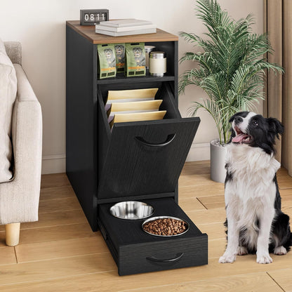 YITAHOME Dog Feeding Station with Storage, Dog Food Cabinet with 2 Feeder Bowls, Pull Out Elevated Dog Bowl, Black