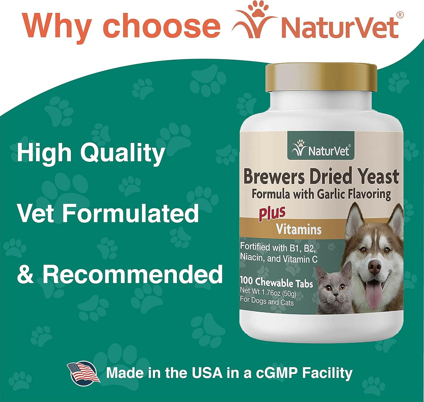 NaturVet Brewers Dried Yeast Formula with Garlic Flavoring Plus Vitamins for Dogs and Cats, Chewable Tablets, Made in The USA with Globally Source Ingredients 100 Count