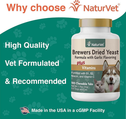 NaturVet Brewers Dried Yeast Formula with Garlic Flavoring Plus Vitamins for Dogs and Cats, Chewable Tablets, Made in The USA with Globally Source Ingredients 100 Count