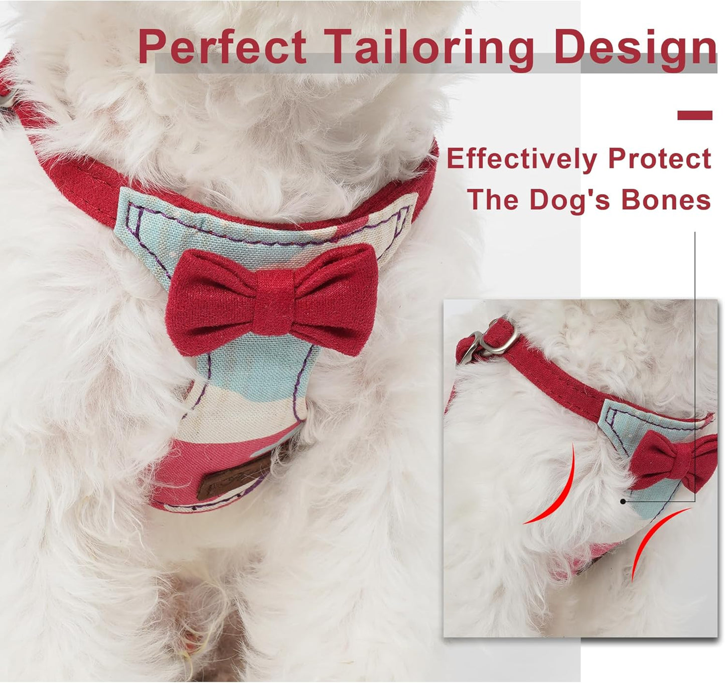 Puppytie No Pull Dog Harness with Multifunction Dog Leash,Soft Adjustable No Choke Escape Proof Pet Harness Vest for Medium Dogs,Suede Bow Wine red,M