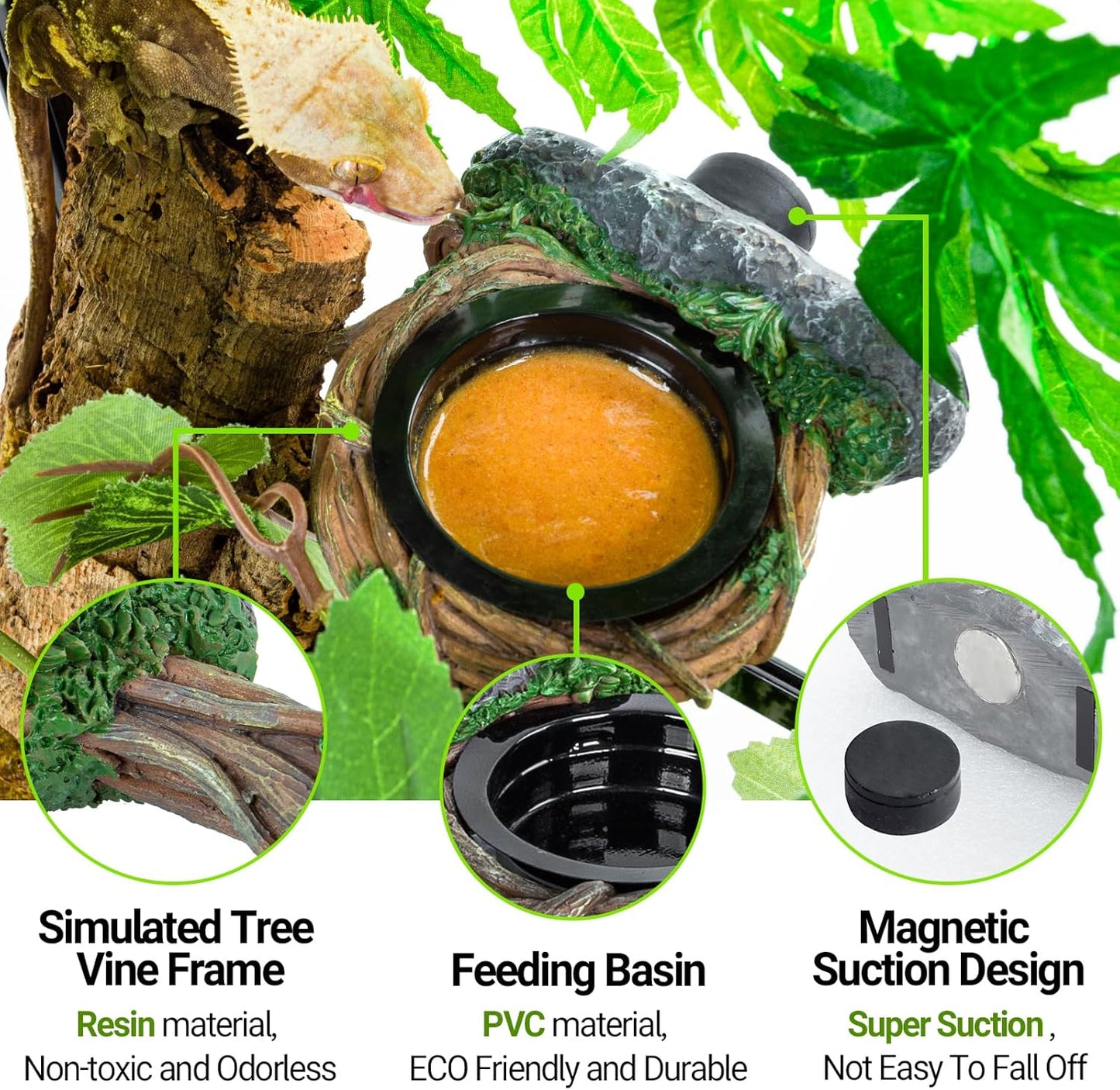 REPTI ZOO Magnetic Crested Gecko Feeding Ledge, Reptile Feeder Ledge with 2PCS Cups, Reptile Water Bowl for Bearded Dragon Lizard Snake, Hollow Vine Food Dish Tank Accessories