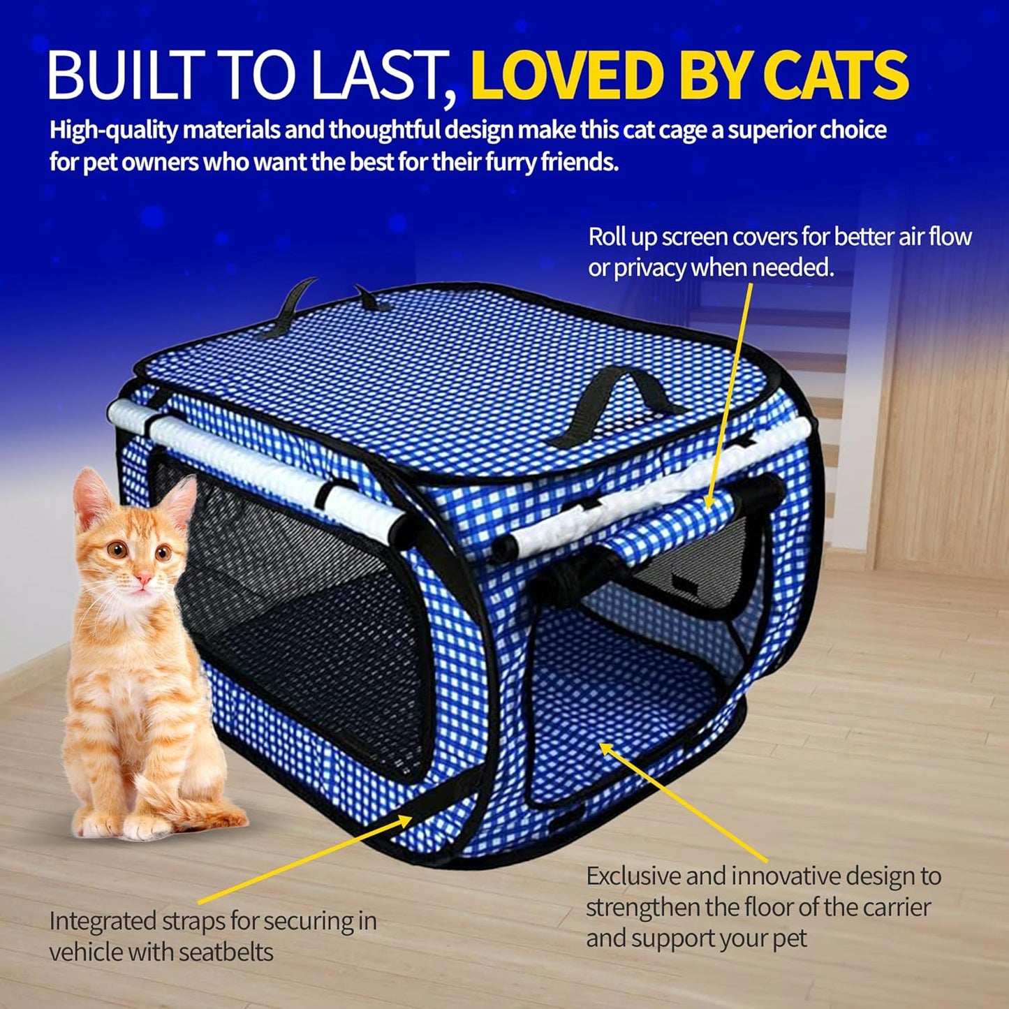 Pet Fit For Life Extra Large Cat Carrier for Travel - Foldable & Portable Collapsible Kennel with Litter Box, Feather Toy & Water/Food Bowl - Ideal for Cars, Long Trips & Indoor Cats - Blue Checkers