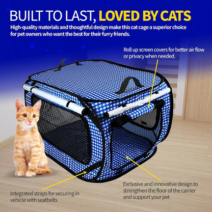 Pet Fit For Life Extra Large Cat Carrier for Travel - Foldable & Portable Collapsible Kennel with Litter Box, Feather Toy & Water/Food Bowl - Ideal for Cars, Long Trips & Indoor Cats - Blue Checkers