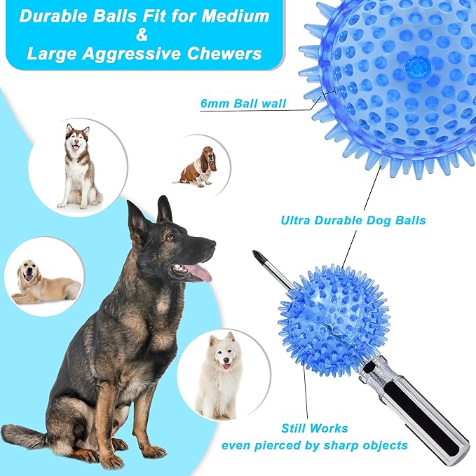 3.5” Squeaky Dog Toy Balls (6 Colors) Dog Toys Spikey Dogs Ball for Aggressive Chewers Heavy Duty Teething Large Medium Durable Dogs Balls