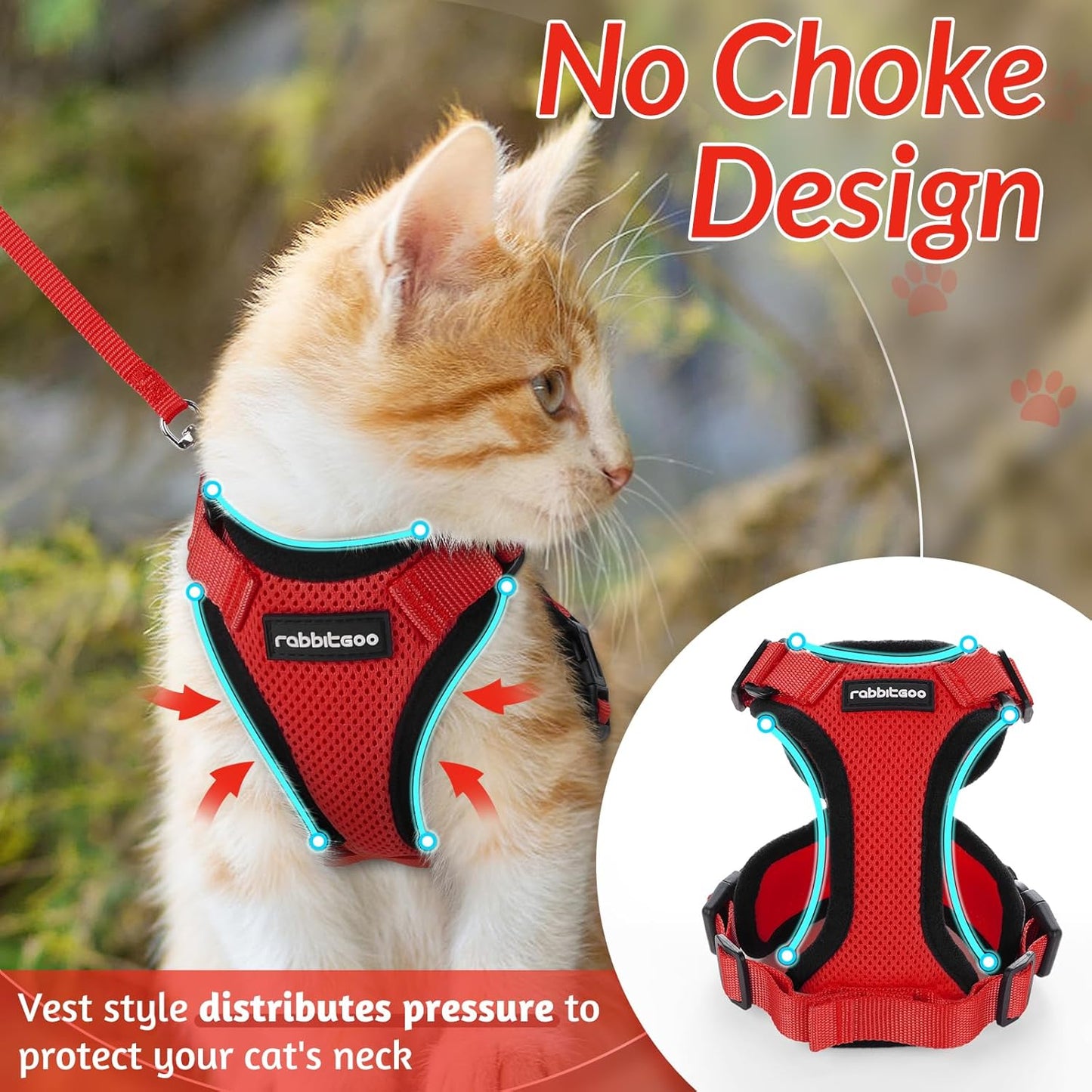 rabbitgoo Cat Harness and Leash for Walking, Escape Proof Soft Adjustable Vest Harnesses for Cats, Easy Control Breathable Reflective Strips Jacket, Red, XXS