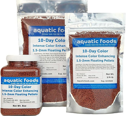 Aquatic Foods Inc. Ultra Intense Color Enhancing with a 10-Day Color Change, 1.5mm - 2mm Floating Pellets for Cichlids, Discus, All Baby and Small Tropical Fish & Pond Fish…8oz Jar
