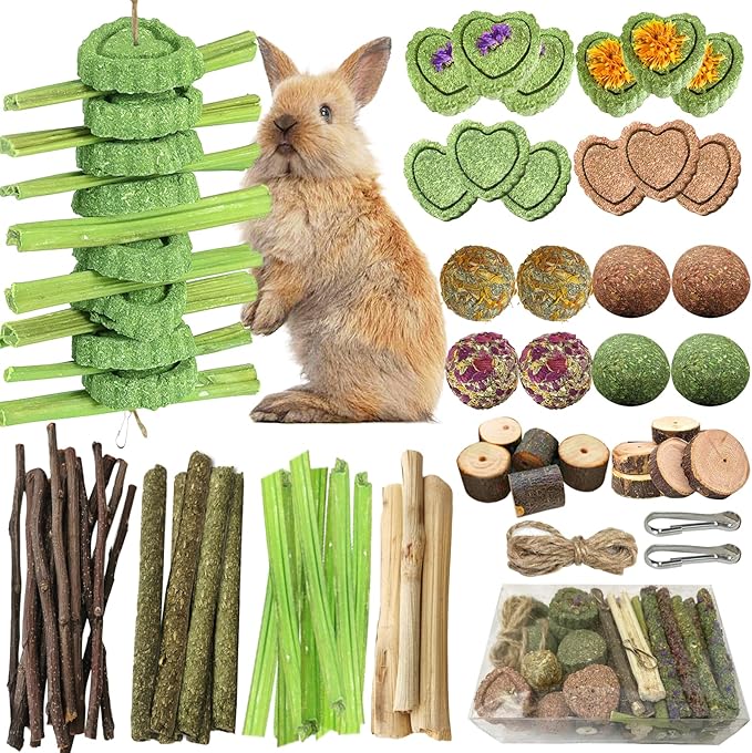 68pcs DIY Rabbit Chew Toys,Rabbit Toy for Bunnies Boredom Bunny Toys for Teeth, Timothy Stick, Apple Sticks, Sweet Bamboo, for Guinea Pig, Hamster, Chinchilla, Rat, Small Animals