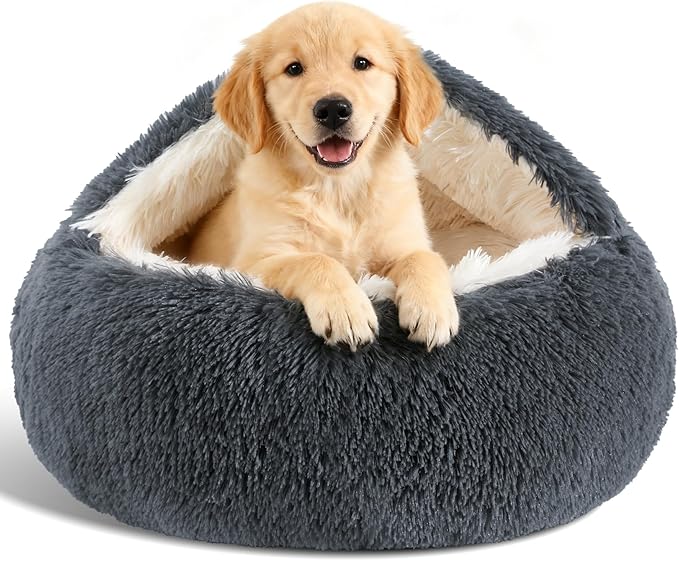Calming Dog Beds & Cat Cave Bed with Hooded Cover,Removable Washable Round Beds for Small Medium Pets,Anti-Slip Faux Fur Fluffy Coved Bed for Improved Sleep,Fits up to 15/25 lbs(Dark Grey,24"x24")
