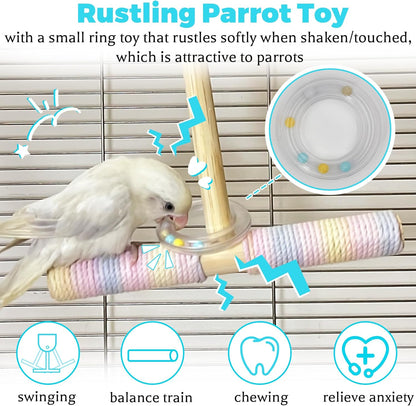 Bird Swing Toys with Rustling Sound, Colorful Cotton Rope Perch for Parrots' Soft Grip, Wooden Parakeet Swing Perch for Balance Training, Swaying Bird Cage Toys for Budgie Cockatiel Lovebird