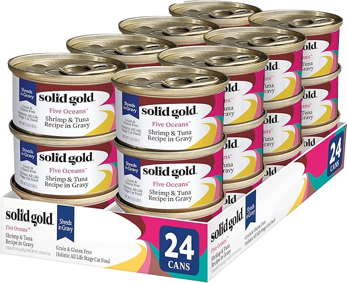 Solid Gold Wet Cat Food Shreds in Gravy - Healthy Canned Cat Food Made w/Real Tuna, Shrimp, Vitamins, Minerals & Taurine - Grain Free & Gluten Free Canned Meals for Cats & Kittens - 24ct/3oz Can