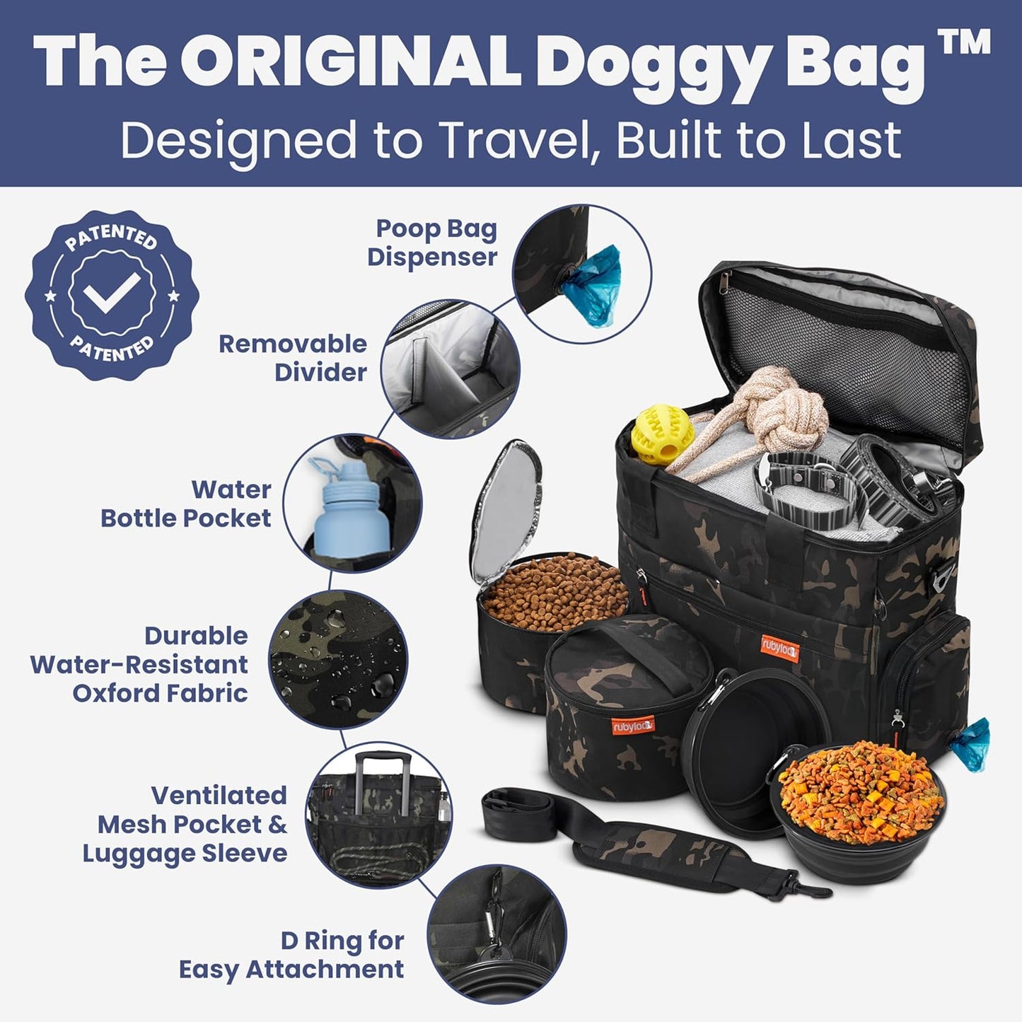 The Original Doggy Bag™- Dog Travel Bag for Supplies - Ultimate Gift for Dog Moms & Dads, Doggy Lovers & Pet Owners for Christmas- Includes 2 BPA-Free Travel Bowls and 2 Food Containers: Camo