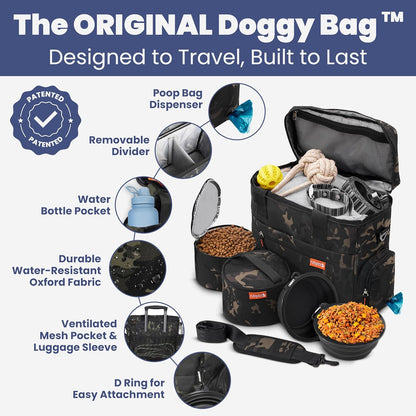 The Original Doggy Bag™- Dog Travel Bag for Supplies - Ultimate Gift for Dog Moms & Dads, Doggy Lovers & Pet Owners for Christmas- Includes 2 BPA-Free Travel Bowls and 2 Food Containers: Camo
