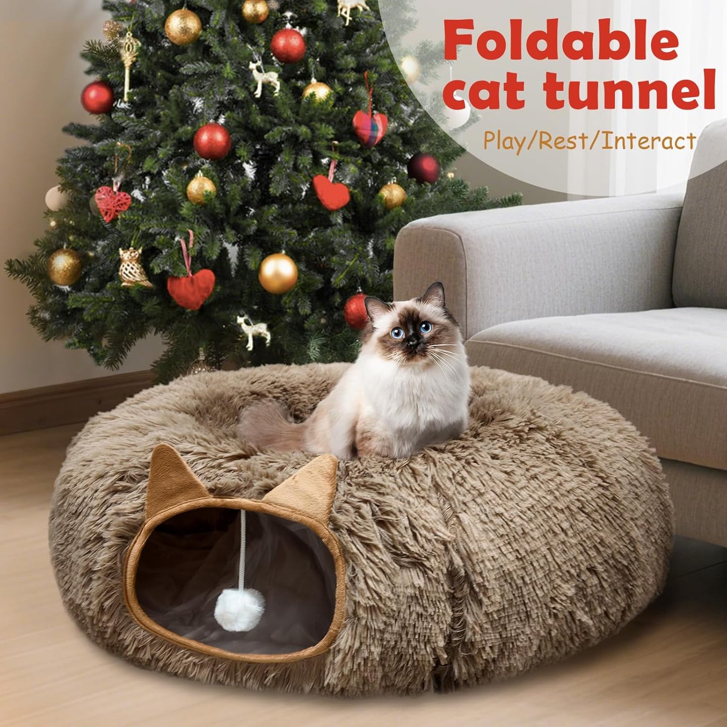 Cat Tunnel Bed for Indoor Cats, Soft Plush Donut Peekaboo Cat Cave, Multifunctional Playground Toy for Small Medium Large Cats, Kittens, Rabbits, Ferrets, with Washable Cushion (Brown)