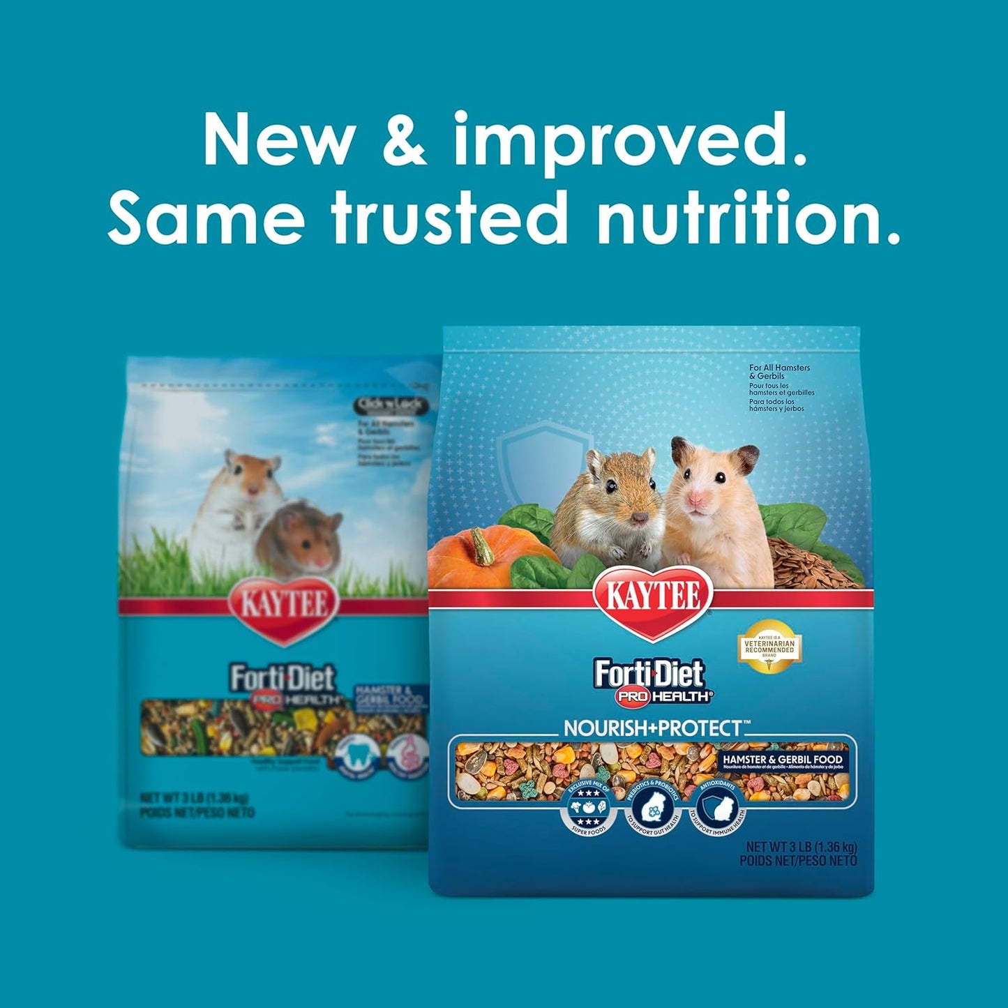Kaytee Forti-Diet Pro Health Nourish+Protect Hamster and Gerbil Food, Comprehensive Nutrition Backed by Science, Digestive Health, Immune Support, 3 Pounds