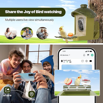 Smart Bird Feeder with Camera, Bird Feeder Camera 2K HD Record Video Live View with Solar Panel, AI Identify Species Auto Capture, Instant Arrival Alerts, Gift for Birds Lover