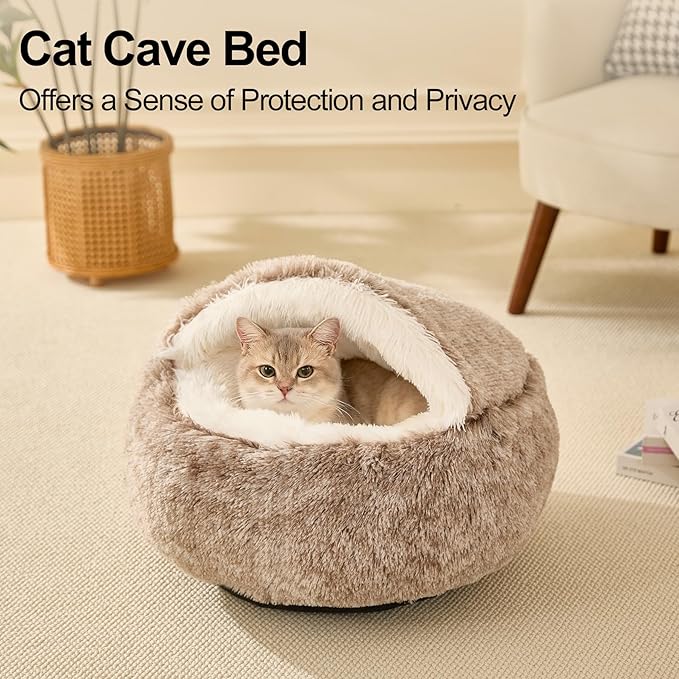 Calming Dog Beds & Cat Cave Bed with Hooded Cover,Removable Washable Round Beds for Small Medium Pets,Anti-Slip Faux Fur Fluffy Coved Bed for Improved Sleep,Fits up to 15/25 lbs (Small,20"x20")