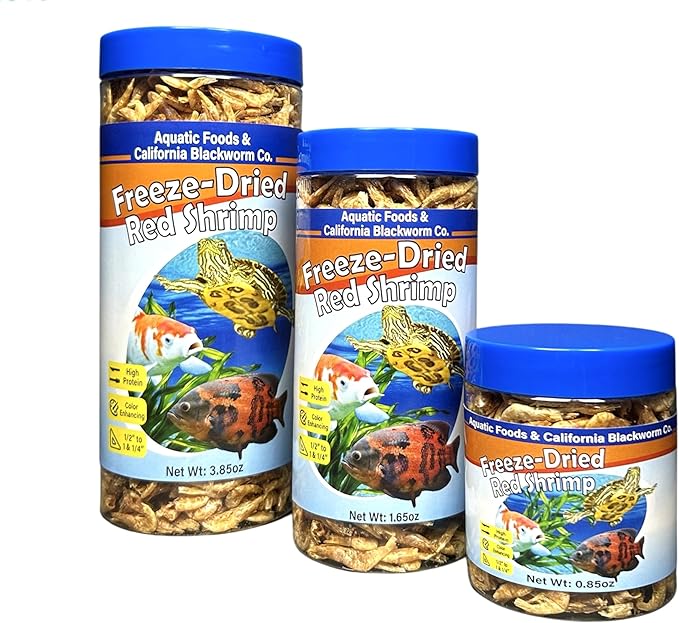 Aquatic Foods Inc. Red Shrimp, Freeze Dried 1/2" to 1 & 1/4" Floating Red River Shrimp for Cichlids, All Tropical Fish, Koi & Pond Fish, Aquatic Turtles, Reptiles, Rodents 5oz Canister