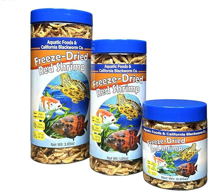 Aquatic Foods Inc. Red Shrimp, Freeze Dried 1/2" to 1 & 1/4" Floating Red River Shrimp for Cichlids, All Tropical Fish, Koi & Pond Fish, Aquatic Turtles, Reptiles, Rodents 5oz Canister