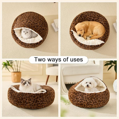 Calming Dog Beds & Cat Cave Bed with Hooded Cover,Removable Washable Round Beds for Small Medium Pets,Anti-Slip Faux Fur Fluffy Coved Bed for Improved Sleep,Fits up to 15/25 lbs(Leopard Print,S)