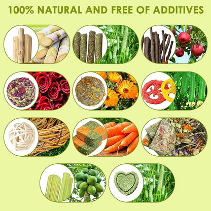 50-60pcs Bunny Toys,Rabbit Chew Toy for Bunny Teeth, Bunny Toys for Rabbits Indoor, Timothy Grass Treats Sweet Bamboo for Small Pets, Hamster, Chinchilla, Guinea Pig