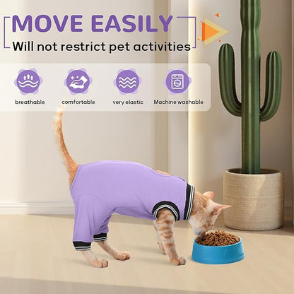 PUMYPOREITY Cat Recovery Suit for Hind Legs, Cat Surgical Spay Suit with Leg Sleeves to Stop Licking, Long Rear Sleeve Wound Cover Abdomen Kitten Onesie, Purple, S