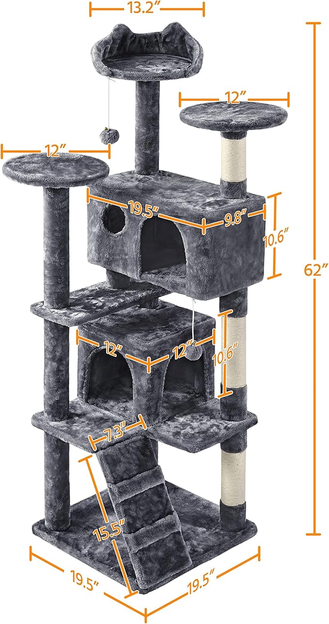 Yaheetech Cat Tree Tower, Multi-Level Large Plush Condo Cat Furniture with Sisal Scratching Posts and 2 Danglinge Balls Gray