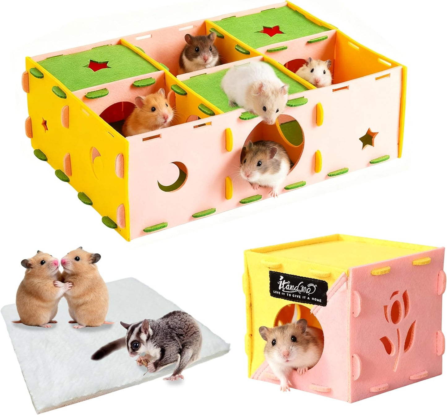 3pcs Hamster Maze Tunnel & Toys, Hamster Hideout with Plush Pads, Interactive Play Tube & Resting System for Rats, Guinea Pig, Ferrets, Chinchillas