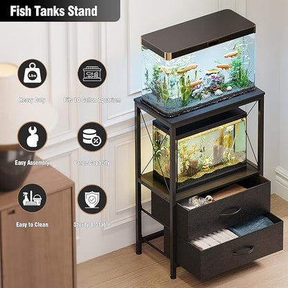 Aquarium Stand 10 Gallon with 2-Tier Shelf, Fish Tanks Stand with 2 Drawers, Metal Frame Heavy Duty Reptile/Turtle Tank Stand for Home Office, Fish Tanks Accessories Storage, Black