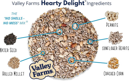 Valley Hearty Delight Wild Bird Food for Outside Feeders, No-Mess Wild Bird Seed with Sunflower Hearts & Peanut Kernels, Filler Free Bird Seed Perfect for Outdoor Patios, (4 LBS)