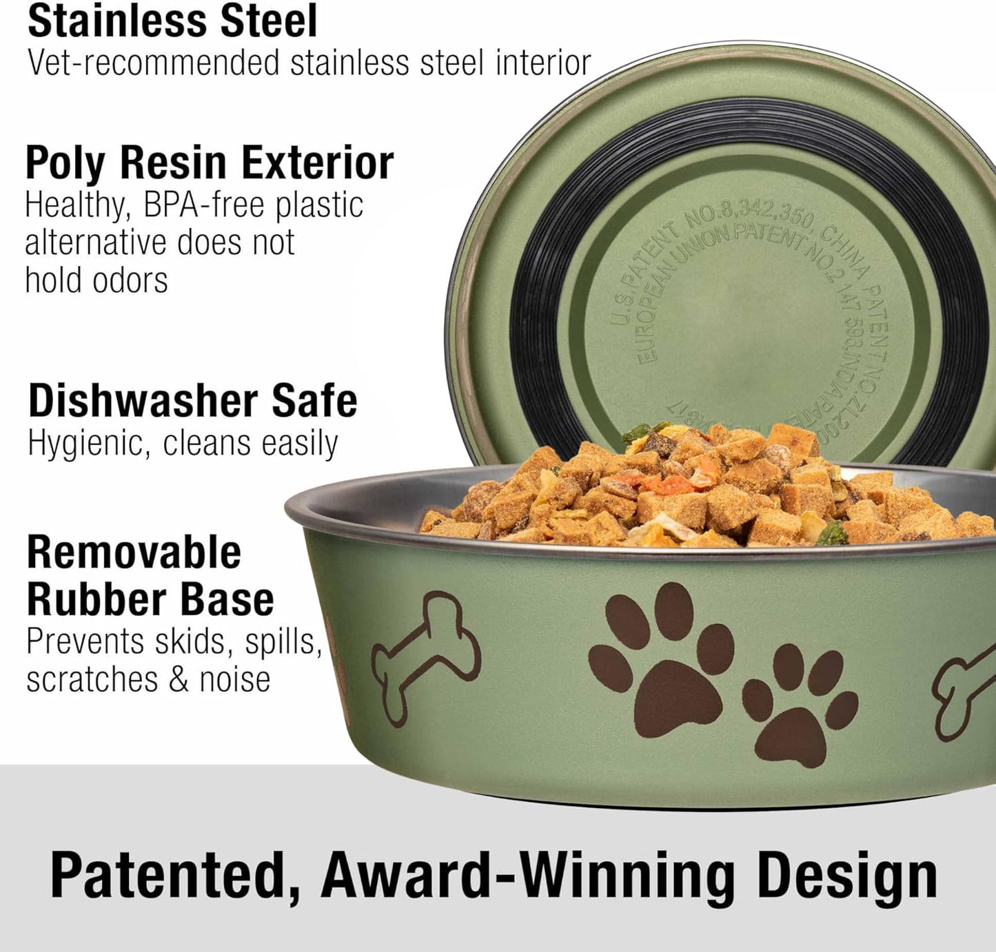 Loving Pets Bella Dog Bowls- Stainless Steel Dog & Cat Bowls - Spill Proof Dog Food Bowl, Cat Bowl, Puppy Essentials & Pet Supplies Great for Home & Travel (Medium 20-35 lbs, Artichoke)