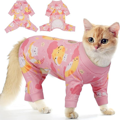 PUMYPOREITY Cat Hair Sticky Sweater, Stretchy 4-Leg Design for Fur Control, Recovery Suit - Breathable & Lightweight for Post-Surgery Protection, Cat Onsie Prevents Licking Wounds, Pink, XL